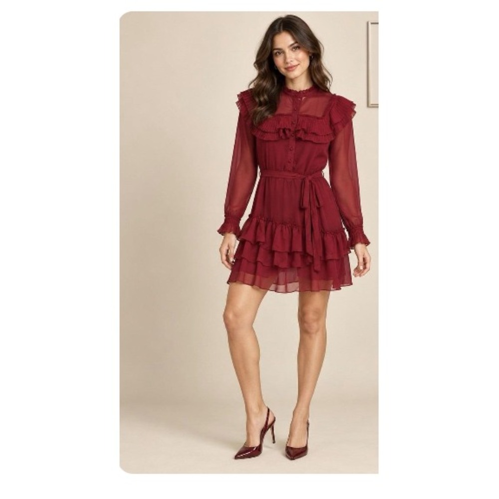 Ted Baker London Dress Sheer Asymmetrical Ruffle Burgundy Minimalist Luxury 4